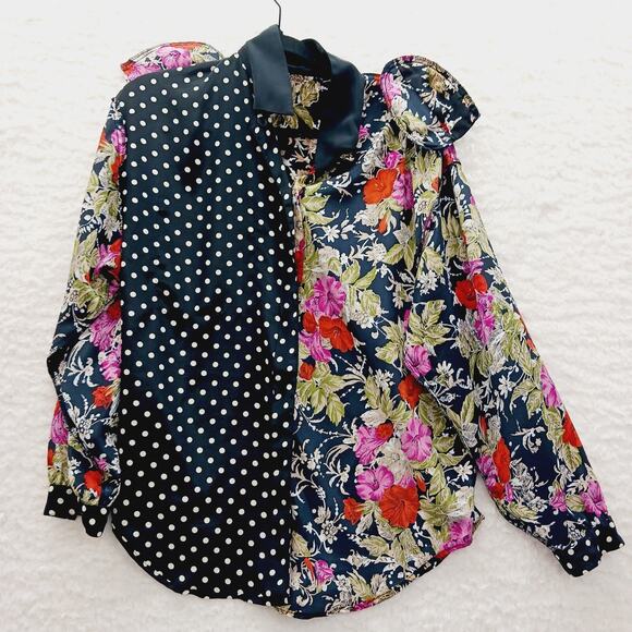 Blouse Size L Floral Dot Mix Maximalist Art Chic Y2K Whimsycore Vacation Office - Picture 11 of 12